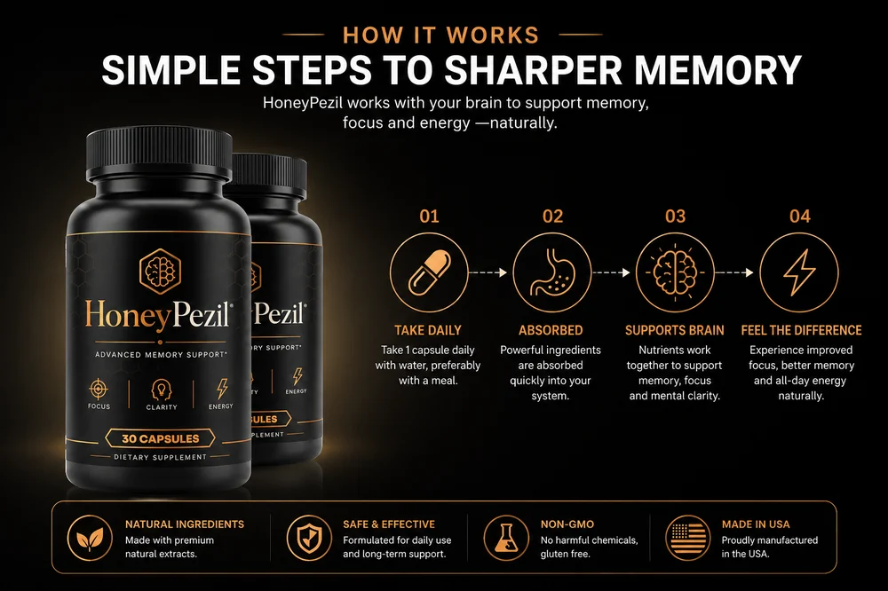 Honeypezil capsule bottle, focus and memory support supplement